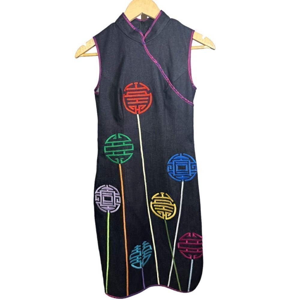 CHULA Women's Colorful Hanoi Circles Patchwork Denim Mini Dress Blue Extra Small